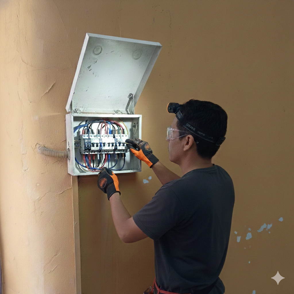 Estudiante trabajando en tablero eléctrico